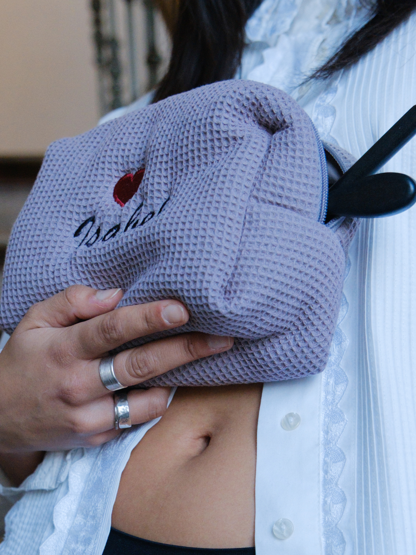 Custom grey Sarah waffle pouch with a bordeaux heart and your name or initials