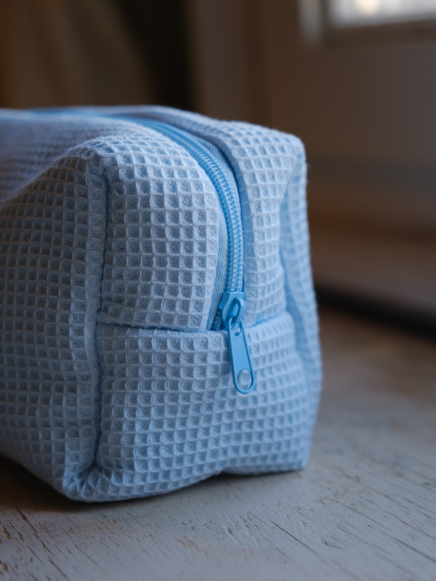 Custom light blue Sarah waffle pouch with your name or initials