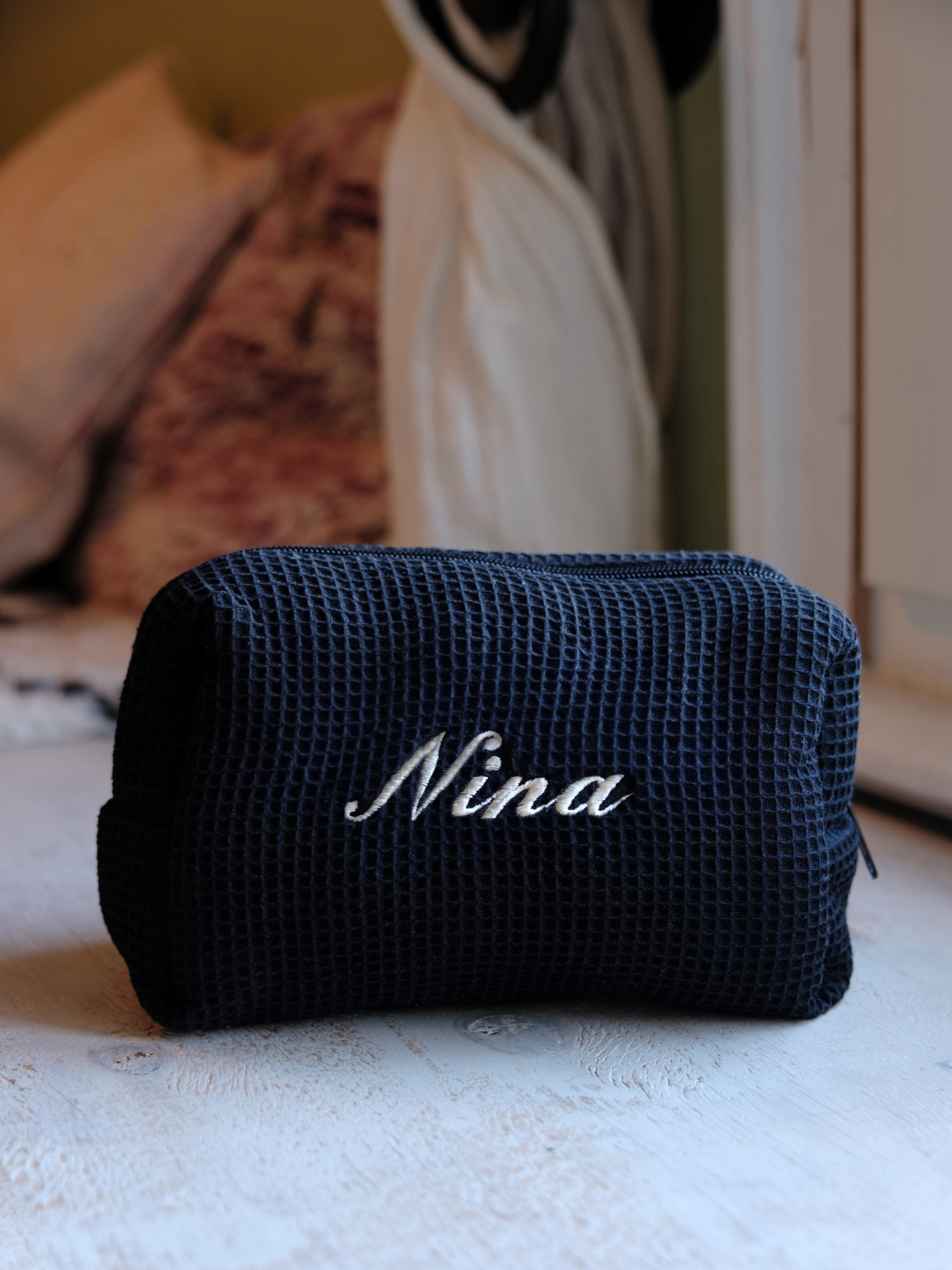 Custom black Sarah waffle pouch with your name or initials