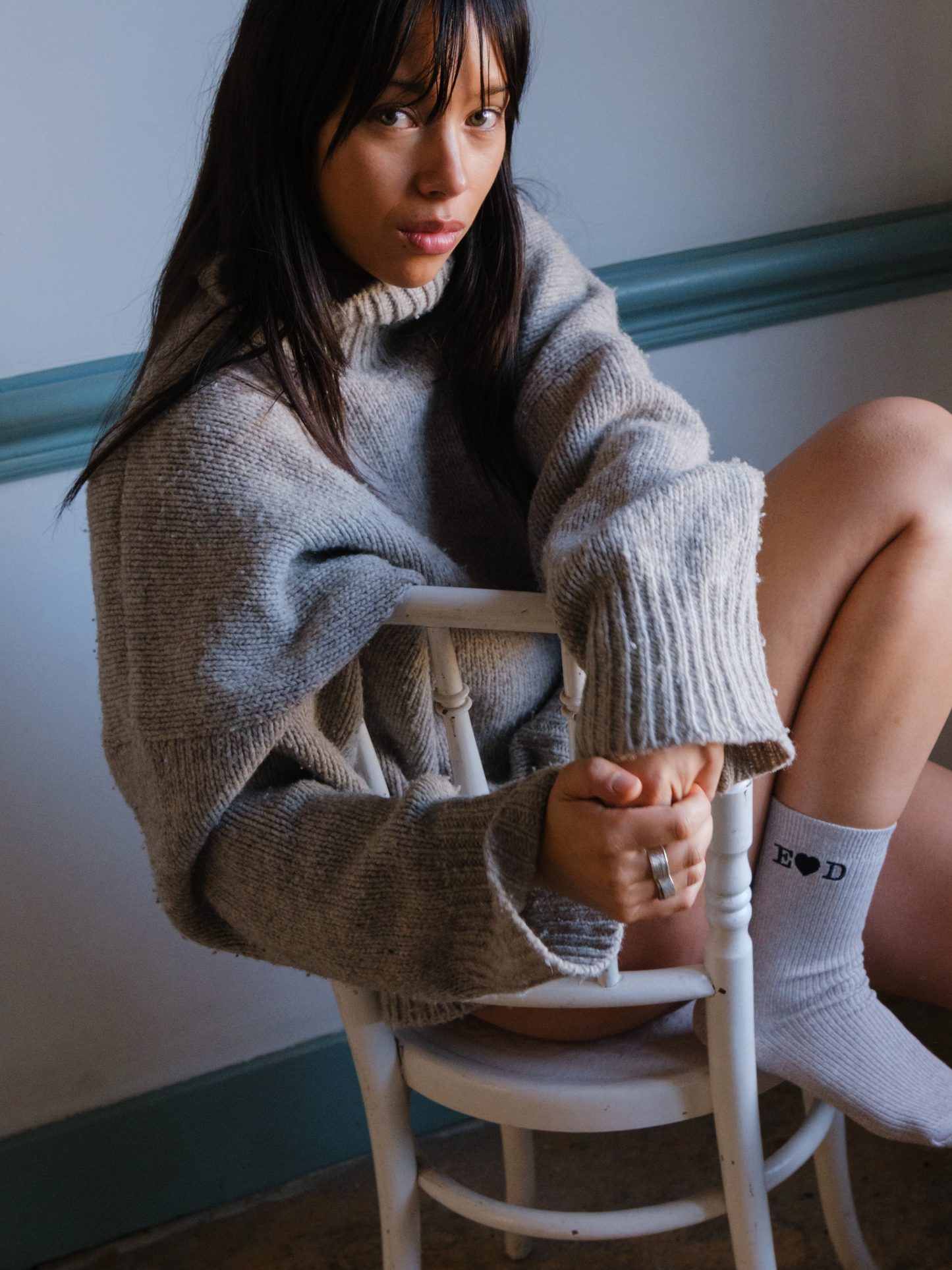 Grey Robin Socks with Black Heart Embroidery with Letters