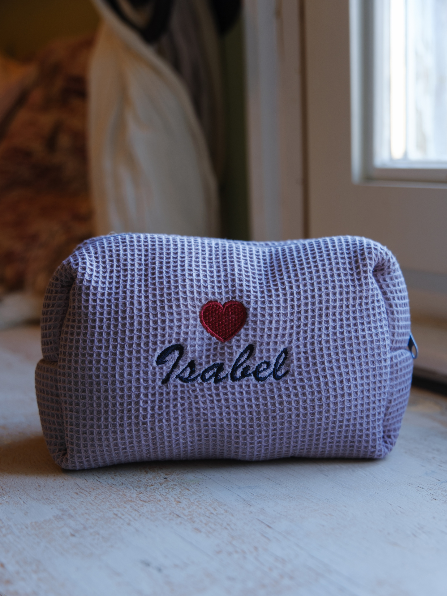 Custom grey Sarah waffle pouch with a bordeaux heart and your name or initials
